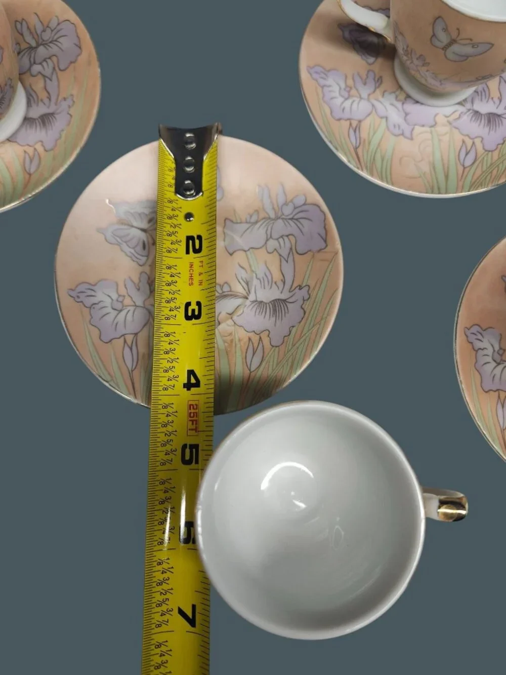 Demitasse Cups & Saucers Espresso Pink Purple Irises Butterflies 4 Sets